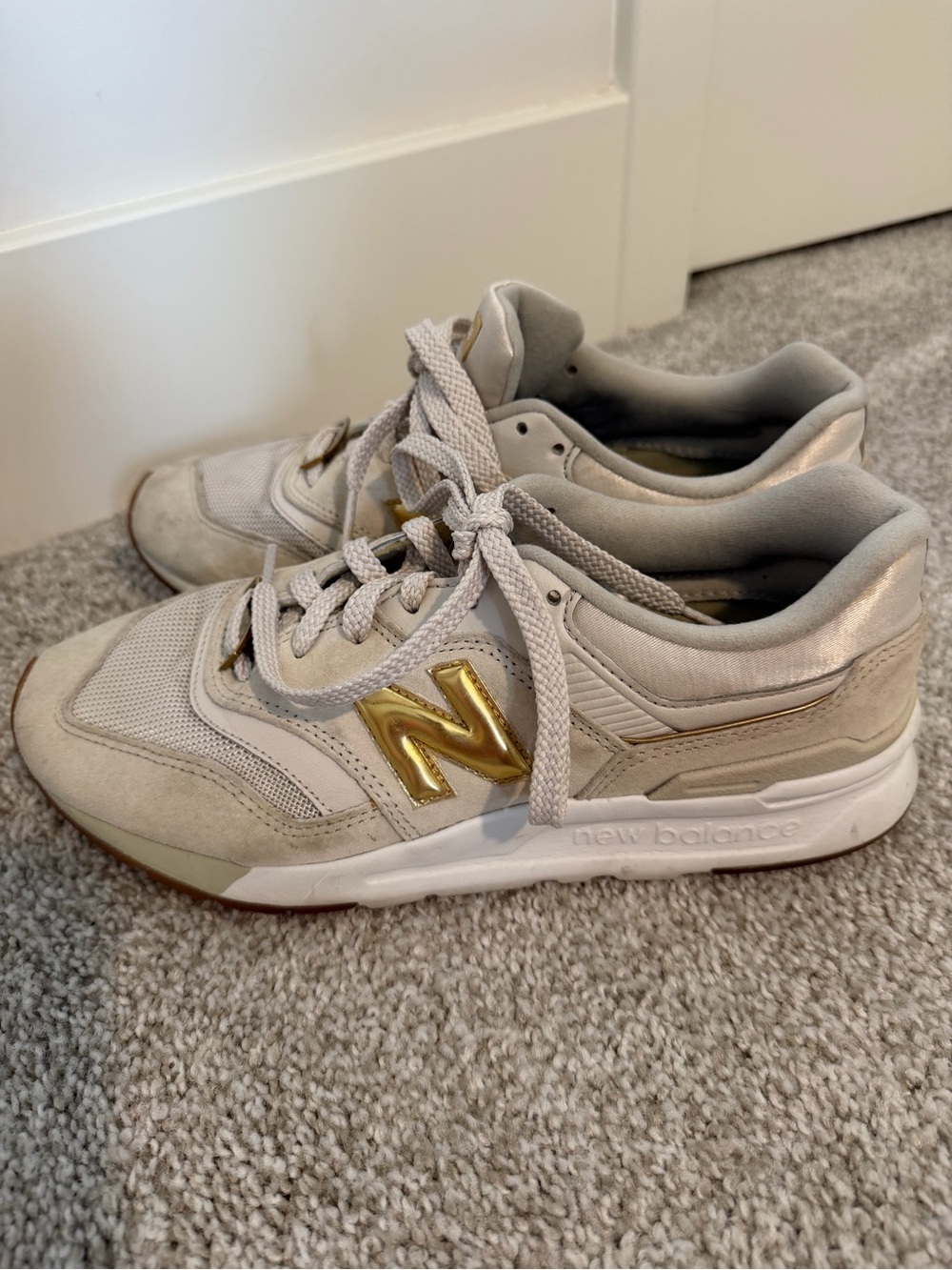 New Balance Gray and Gold Leather-Trim Sneakers